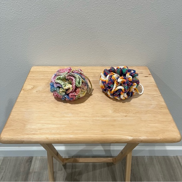 Set of 2 Crochet Pink/Yellow/Blue Eco-Friendly Bath Loofahs with Hanging Loop - Picture 10 of 10